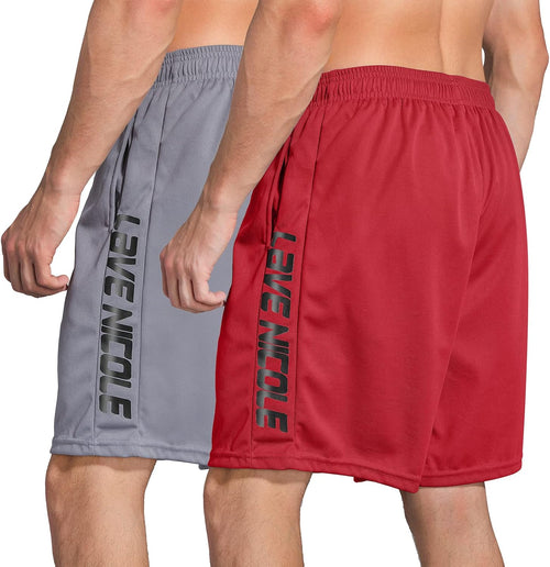 2 Pack Mens Workout Shorts Elastic Waist Athletic Gym Running Basketball Tennis Shorts for Men 7'' Inseam with Pocket (Grey/Red XL)